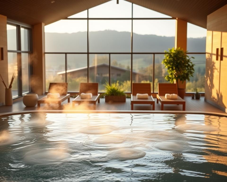 A peaceful and serene indoor thermal spa environment at "Beste Zeit Therme", featuring warm, inviting lighting and tranquil ambiance. In the foreground, a pristine thermal pool with steam rising gently, reflecting soft golden hues. In the middle ground, elegant wooden loungers with neatly arranged towels, inviting guests to relax, and lush greenery placed strategically around for a natural touch. The background displays large panoramic windows overlooking a serene landscape, flooded with soft natural light. The scene conveys a sense of calm and relaxation, with no people present to emphasize the peacefulness of the space. Capture from a slightly elevated angle to enhance depth, with a shallow depth of field to focus on the pool and loungers, evoking a sense of exclusivity and tranquility. A peaceful and serene indoor thermal spa environment at "Beste Zeit Therme", featuring warm, inviting lighting and tranquil ambiance. In the foreground, a pristine thermal pool with steam rising gently, reflecting soft golden hues. In the middle ground, elegant wooden loungers with neatly arranged towels, inviting guests to relax, and lush greenery placed strategically around for a natural touch. The background displays large panoramic windows overlooking a serene landscape, flooded with soft natural light. The scene conveys a sense of calm and relaxation, with no people present to emphasize the peacefulness of the space. Capture from a slightly elevated angle to enhance depth, with a shallow depth of field to focus on the pool and loungers, evoking a sense of exclusivity and tranquility.