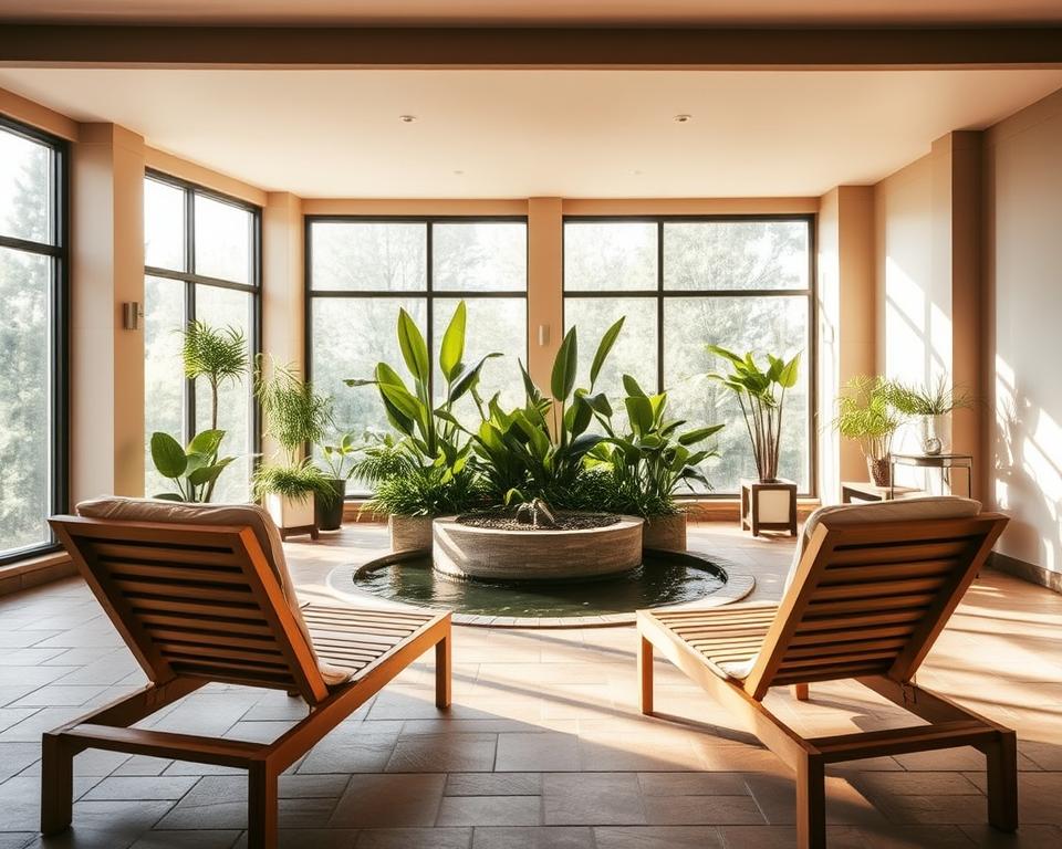 A serene "Ruheraum" in Taunus Therme, showcasing a tranquil relaxation area designed for unwinding. In the foreground, comfortable lounge chairs made of natural wood with soft cushions, placed on warm, smooth stone tiles. The middle section features lush indoor plants surrounding a calming water feature, creating a peaceful ambiance. Gentle, dappled sunlight filters through large windows, illuminating the space with a soft glow. In the background, softly painted walls in soothing colors complement the inviting atmosphere. The overall mood is one of relaxation and rejuvenation, ideal for a retreat from daily stresses. Emphasize a clean, uncluttered space with harmonious design elements, evoking serenity and tranquility.