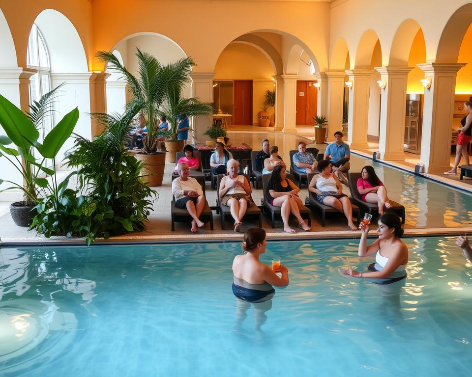 A serene and inviting indoor thermal spa at Weissenhäuser Strand Therme, showcasing various relaxation areas. In the foreground, a tranquil pool with crystal-clear water, surrounded by lush greenery and tropical plants, sets the calming atmosphere. In the middle, a diverse group of visitors dressed in modest casual clothing enjoying the facilities, with some lounging on comfortable chairs and others sipping refreshing beverages. The background features elegant arches and softly lit pathways leading to steam rooms and saunas. Warm, golden lighting illuminates the space, creating a soothing ambiance. The overall mood is one of relaxation and tranquility, inviting viewers to imagine a peaceful getaway experience. A serene and inviting indoor thermal spa at Weissenhäuser Strand Therme, showcasing various relaxation areas. In the foreground, a tranquil pool with crystal-clear water, surrounded by lush greenery and tropical plants, sets the calming atmosphere. In the middle, a diverse group of visitors dressed in modest casual clothing enjoying the facilities, with some lounging on comfortable chairs and others sipping refreshing beverages. The background features elegant arches and softly lit pathways leading to steam rooms and saunas. Warm, golden lighting illuminates the space, creating a soothing ambiance. The overall mood is one of relaxation and tranquility, inviting viewers to imagine a peaceful getaway experience.