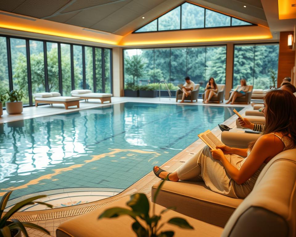A serene and inviting indoor thermal spa environment featuring various relaxation areas. In the foreground, a cozy lounge area with plush seating, adorned with soft, warm lighting and plants, creating a welcoming atmosphere. In the middle, a large thermal pool with crystal-clear water, surrounded by decorative tiles and soft ambient lighting that reflects a tranquil ambiance. Visitors in modest casual clothing are peacefully enjoying the environment, sipping herbal tea and reading books. In the background, expansive glass windows showcase a view of lush greenery outside, enhancing the sense of relaxation and well-being. The scene captures a mood of tranquility and rejuvenation, inviting viewers to imagine their ideal wellness day. Soft focus with warm, natural light enhances the inviting ambiance.