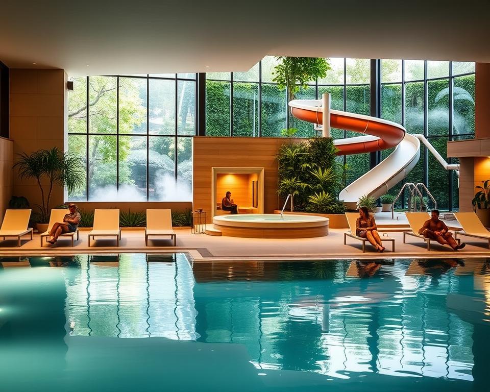 A serene and inviting interior of the Weissenhäuser Strand Therme, showcasing a variety of wellness highlights. In the foreground, a tranquil infinity pool with crystal clear water reflects the soft ambient lighting. Luxurious loungers in minimalist design surround the pool, occupied by guests in modest casual clothing enjoying relaxation. In the middle ground, various wellness areas are visible: a steaming hot tub surrounded by lush greenery, and a sauna with large glass windows allowing natural light to pour in. The background features a beautifully designed slide that winds its way through vibrant plant life, adding a playful element to the scene. The overall atmosphere is peaceful and rejuvenating, with warm lighting creating a sense of comfort and relaxation. The perspective is a wide-angle view, capturing the entire space harmoniously. A serene and inviting interior of the Weissenhäuser Strand Therme, showcasing a variety of wellness highlights. In the foreground, a tranquil infinity pool with crystal clear water reflects the soft ambient lighting. Luxurious loungers in minimalist design surround the pool, occupied by guests in modest casual clothing enjoying relaxation. In the middle ground, various wellness areas are visible: a steaming hot tub surrounded by lush greenery, and a sauna with large glass windows allowing natural light to pour in. The background features a beautifully designed slide that winds its way through vibrant plant life, adding a playful element to the scene. The overall atmosphere is peaceful and rejuvenating, with warm lighting creating a sense of comfort and relaxation. The perspective is a wide-angle view, capturing the entire space harmoniously.