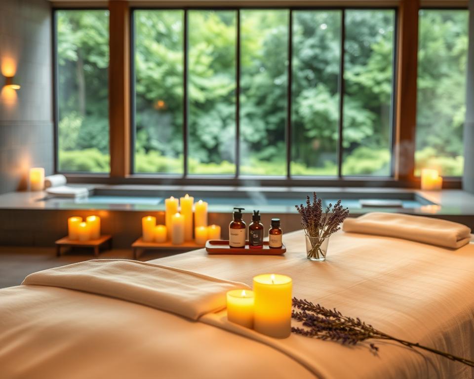 A serene and inviting scene of the Spa Taunus Therme in Bad Homburg, depicting a tranquil wellness area. In the foreground, a softly lit treatment room features a massage table adorned with white linens, surrounded by candles casting warm flickering light. In the middle, various spa treatments are displayed, including essential oils and fresh lavender, suggesting relaxation and rejuvenation. The background showcases a large window with lush greenery outside, creating a seamless connection to nature. The atmosphere is calming, with subtle hints of steam rising from hot pools, enhancing the feeling of tranquility. Utilize a soft focus lens to capture the soothing ambiance, portraying an inviting space for wellness and spa applications, evoking a sense of peace and relaxation.