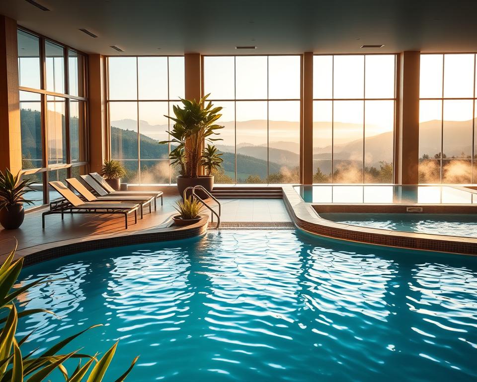 A serene and inviting thermal spa environment featuring a stunning Innenbecken (indoor pool) seamlessly connected to an Außenbecken (outdoor pool). In the foreground, vibrant green plants and elegant lounge chairs are placed around the indoor pool, inviting guests to relax. The middle ground showcases the gleaming blue water of both pools, with gentle ripples reflecting soft, warm overhead lighting. In the background, large glass windows create a picturesque view of a tranquil outdoor landscape, with hints of rolling hills visible through the glass. The atmosphere exudes calmness and warmth, with steam rising softly from the pools, enhancing the sense of relaxation. The scene is captured with a wide-angle lens, emphasizing the expansive space within the thermal oasis, bathed in golden hues from the evening sun. The overall mood is one of peaceful rejuvenation and luxury.
