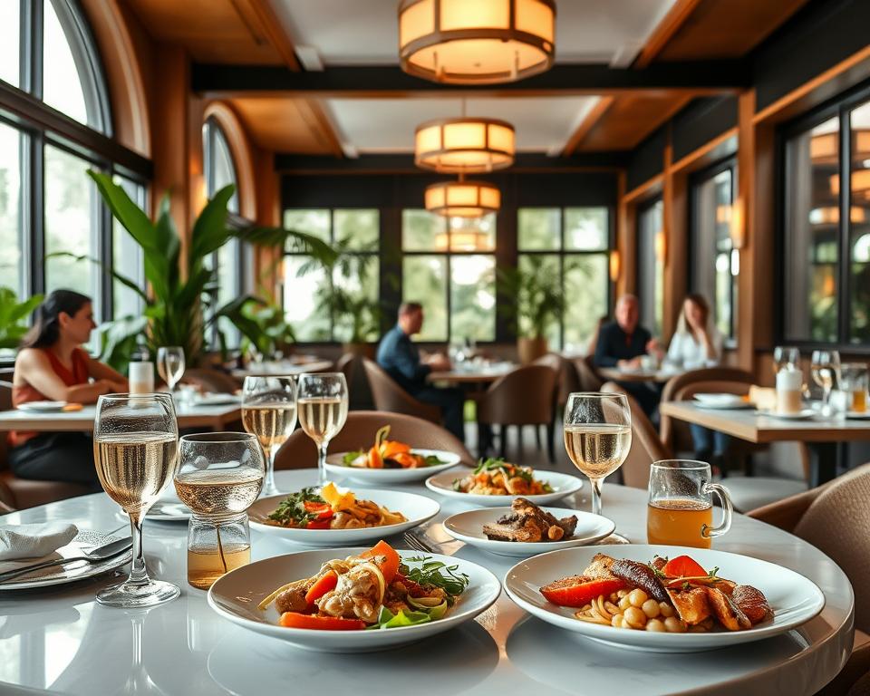 A serene dining area within "Restaurant Therme," showcasing an elegant fusion of modern and natural aesthetics. In the foreground, a beautifully set table with gourmet dishes featuring vibrant colors and fresh ingredients, along with glasses of sparkling water and herbal teas. The middle ground features relaxed patrons in modest casual clothing enjoying their meals, with soft smiles and engaged conversations, surrounded by lush indoor plants and warm wooden accents. In the background, large windows allow soft, diffused sunlight to flood in, highlighting the inviting atmosphere. The overall mood is tranquil and rejuvenating, embodying a perfect balance between fine dining and wellness, with hints of soothing light that create a peaceful retreat feel.