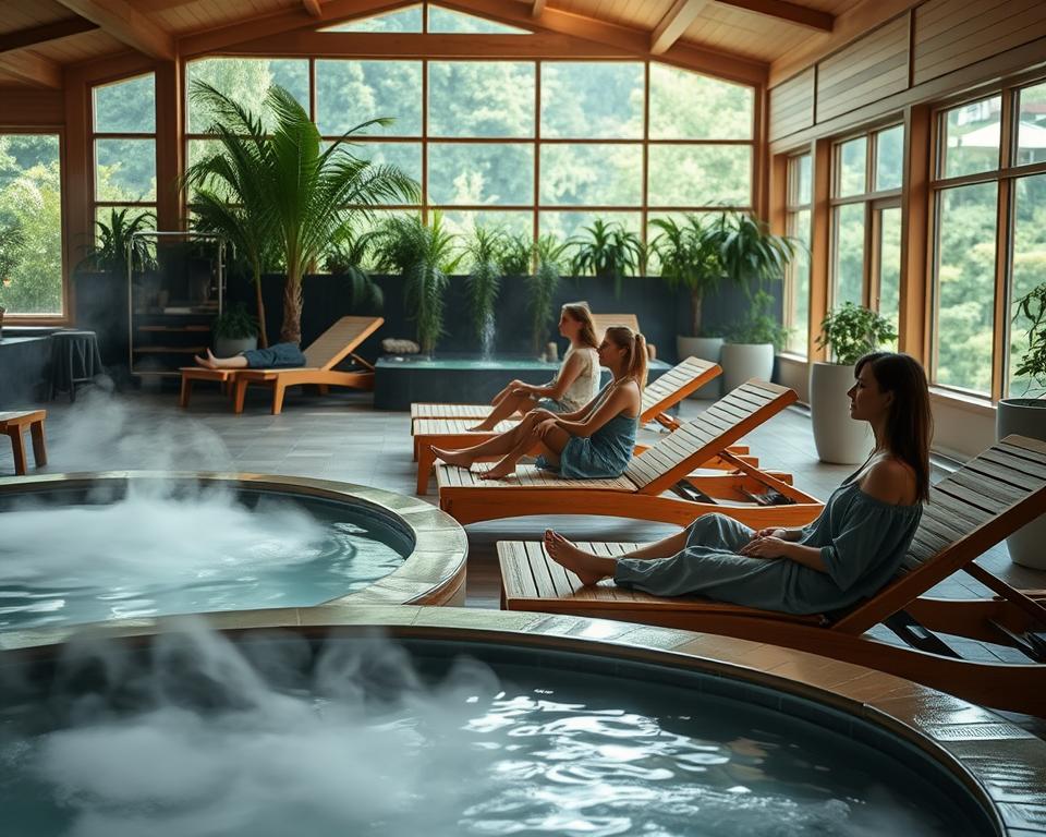A serene indoor thermal spa setting at "Regeneration Therme," featuring steam rising softly from warm mineral pools in the foreground, inviting relaxation. In the middle ground, elegantly designed wooden loungers surround the pools, where individuals in modest, casual clothing are enjoying tranquil moments, each appearing peaceful and rejuvenated. The background is adorned with lush greenery and calming water features, enhancing the atmosphere of wellness and regeneration. Soft, natural lighting filters through large windows, casting gentle shadows and highlighting the warm tones of the wooden interiors. The atmosphere is serene and inviting, exuding a sense of peace and well-being, ideal for relaxation and health enhancement. A serene indoor thermal spa setting at "Regeneration Therme," featuring steam rising softly from warm mineral pools in the foreground, inviting relaxation. In the middle ground, elegantly designed wooden loungers surround the pools, where individuals in modest, casual clothing are enjoying tranquil moments, each appearing peaceful and rejuvenated. The background is adorned with lush greenery and calming water features, enhancing the atmosphere of wellness and regeneration. Soft, natural lighting filters through large windows, casting gentle shadows and highlighting the warm tones of the wooden interiors. The atmosphere is serene and inviting, exuding a sense of peace and well-being, ideal for relaxation and health enhancement.