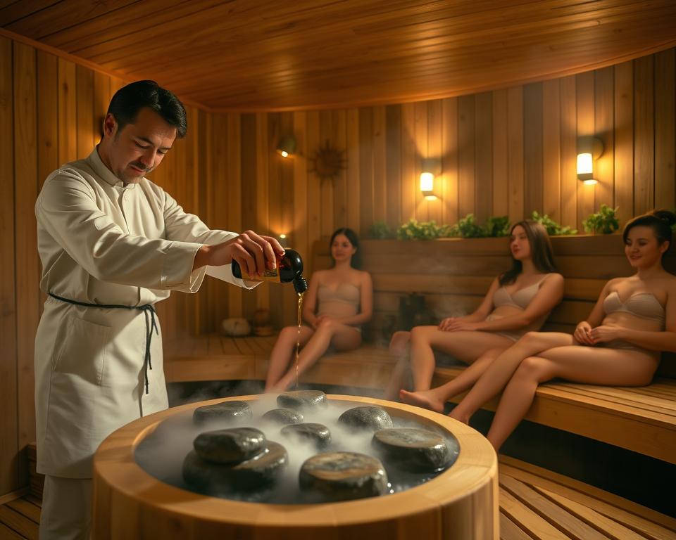 A serene sauna setting in the Taunus Therme, with soft, warm lighting illuminating the wooden interior, creating a calming ambience. In the foreground, a skilled sauna master, dressed in modest professional attire, gracefully performs an Aufguss ceremony, pouring aromatic essential oils over heated stones, releasing gentle steam. The middle ground features a group of relaxed patrons, comfortably seated on wooden benches, enjoying the atmosphere with closed eyes and serene expressions. The background showcases traditional sauna decor, including wooden walls and soothing herbal elements, enhancing the tranquil vibe. Capture this moment from a slightly angled perspective to emphasize the warmth and intimacy of the experience, ensuring that the overall mood reflects deep relaxation and rejuvenation.