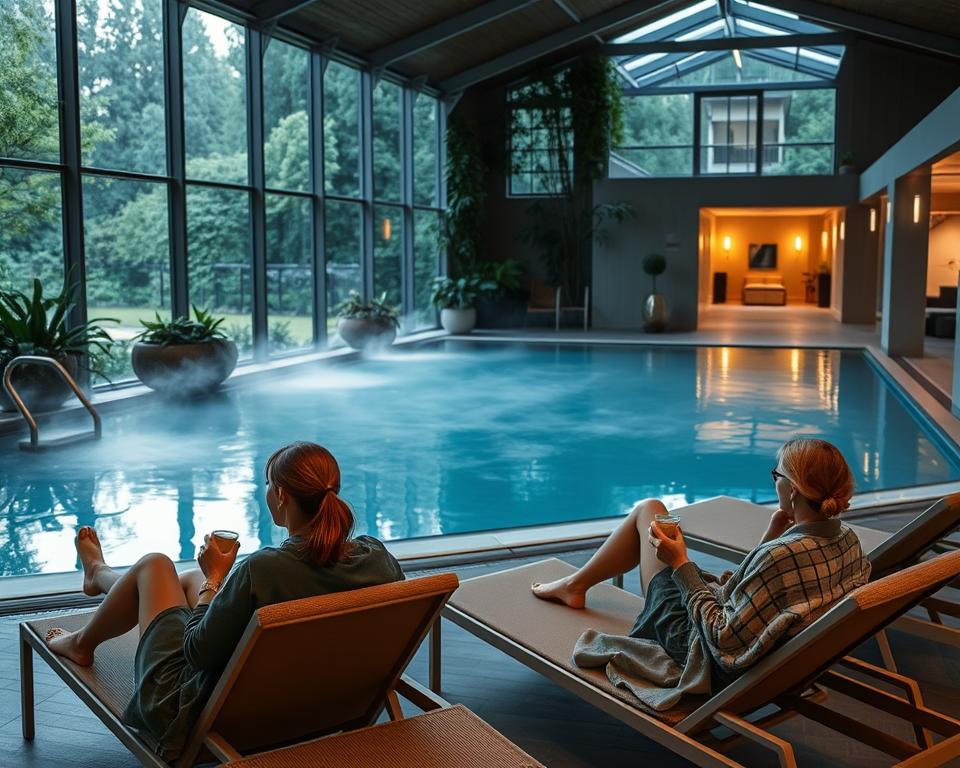 A serene scene of the Taunus Therme in Bad Homburg during the quiet hours, focusing on a tranquil indoor thermal pool surrounded by lush greenery and soft natural light filtering through large glass windows. In the foreground, a few guests in modest casual clothing relax on comfortable lounge chairs, sipping herbal tea. The middle ground showcases the inviting thermal water, with gentle steam rising, giving a sense of warmth and tranquility. The background reveals softly lit pathways leading to peaceful relaxation areas with soothing décor. The lighting is warm, creating a calming and serene atmosphere, perfect for unwinding and enjoying the tranquil environment of the wellness center.