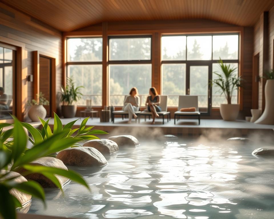 A serene thermal spa scene showcasing a peaceful indoor space designed for health and relaxation. In the foreground, a tranquil thermal pool with steaming water, surrounded by smooth stones and soft, green plants that emphasize a lush, natural atmosphere. The middle ground features a couple of people in modest leisure wear, enjoying the calming environment while sitting on comfortable loungers, reflecting contentment and well-being. In the background, large windows allow soft, diffused sunlight to filter in, illuminating the warm colors of the wooden interiors. The overall mood is harmonious and soothing, evoking a sense of wellness and tranquility, ideal for promoting health and relaxation. The image should capture the essence of a blissful retreat.
