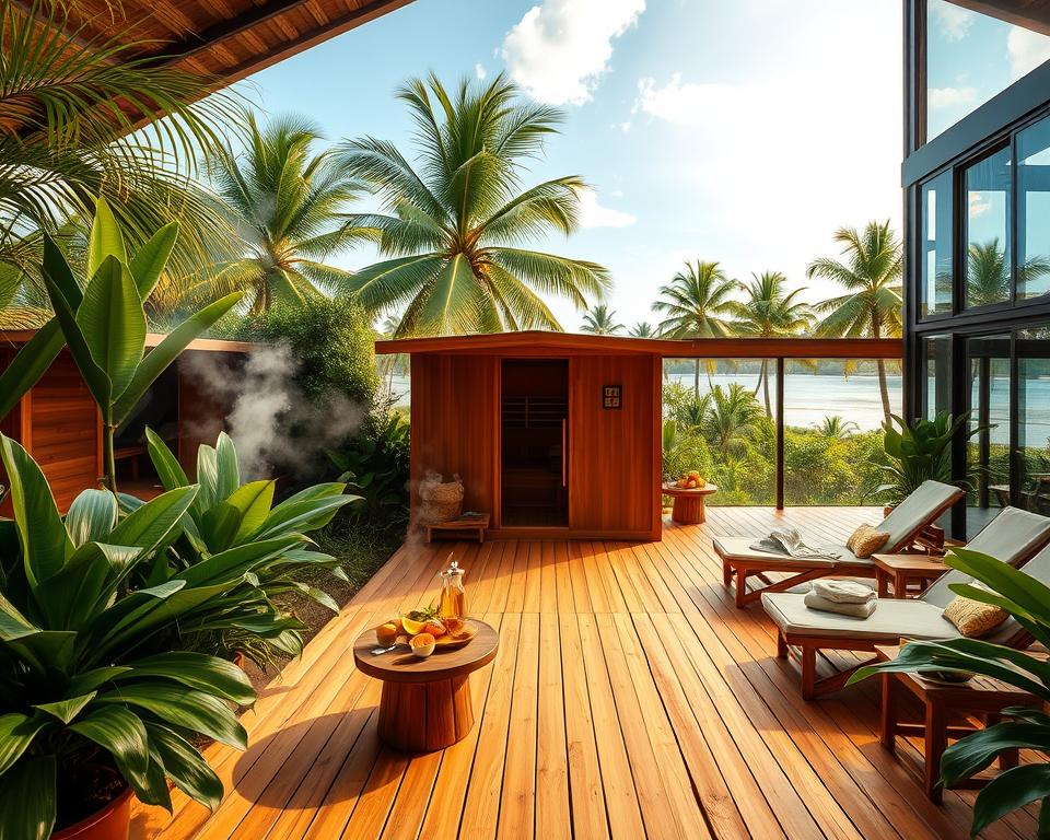A serene tropical sauna landscape at the Brandenburg Tropical Island Resort. In the foreground, a wooden sauna cabin surrounded by lush green tropical plants and soft, warm wooden decking. The middle ground features several tranquil relaxation areas, with comfortable loungers and small tables adorned with fresh tropical fruits and herbal teas. Gentle steam rises softly from the sauna, creating a calming atmosphere. In the background, large glass walls reveal a tropical setting with palm trees, a blue sky, and hints of water, enhancing the resort's allure. Soft, warm lighting casts a golden hue, evoking a peaceful ambiance. Capture the essence of relaxation and wellness, showcasing an inviting space for rejuvenation, with no people present. A serene tropical sauna landscape at the Brandenburg Tropical Island Resort. In the foreground, a wooden sauna cabin surrounded by lush green tropical plants and soft, warm wooden decking. The middle ground features several tranquil relaxation areas, with comfortable loungers and small tables adorned with fresh tropical fruits and herbal teas. Gentle steam rises softly from the sauna, creating a calming atmosphere. In the background, large glass walls reveal a tropical setting with palm trees, a blue sky, and hints of water, enhancing the resort's allure. Soft, warm lighting casts a golden hue, evoking a peaceful ambiance. Capture the essence of relaxation and wellness, showcasing an inviting space for rejuvenation, with no people present.