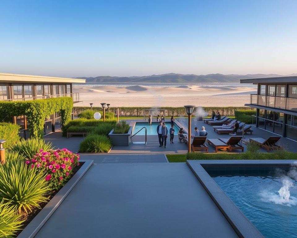 A serene view of Parken Therme at Weissenhäuser Strand, showcasing its modern architecture and inviting water features. In the foreground, a smooth pathway leads to the entrance adorned with lush greenery and vibrant flowers, symbolizing relaxation. The middle ground features the thermally heated pools with gentle steam rising, surrounded by calming wooden sun loungers and people in modest casual attire enjoying the ambiance. The background displays the coastal landscape with soft sandy beaches under a clear blue sky, framed by distant rolling dunes. Soft, warm lighting enhances the tranquil atmosphere, evoking a sense of peace and well-being, captured from a slightly elevated angle to encompass the entire scene elegantly. A serene view of Parken Therme at Weissenhäuser Strand, showcasing its modern architecture and inviting water features. In the foreground, a smooth pathway leads to the entrance adorned with lush greenery and vibrant flowers, symbolizing relaxation. The middle ground features the thermally heated pools with gentle steam rising, surrounded by calming wooden sun loungers and people in modest casual attire enjoying the ambiance. The background displays the coastal landscape with soft sandy beaches under a clear blue sky, framed by distant rolling dunes. Soft, warm lighting enhances the tranquil atmosphere, evoking a sense of peace and well-being, captured from a slightly elevated angle to encompass the entire scene elegantly.