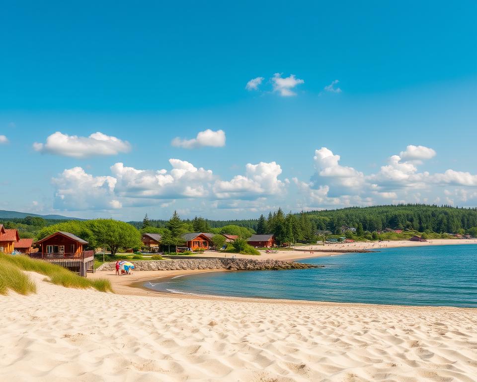 A serene view of Weissenhäuser Strand during a calm summer day, with soft sandy beaches in the foreground. In the middle ground, a charming beach resort with cozy wooden cottages and lush green gardens, showcasing guests enjoying their stay, clad in modest casual clothing, as they relax under colorful umbrellas. The gentle waves of the Baltic Sea lap at the shore, reflecting a brilliant blue sky dotted with fluffy white clouds. In the background, rolling dunes and forested areas provide a natural frame. The lighting is warm and inviting, evoking a peaceful, vacation atmosphere, captured from a slightly elevated angle to encompass the beauty of the landscape and the inviting leisure activities. A serene view of Weissenhäuser Strand during a calm summer day, with soft sandy beaches in the foreground. In the middle ground, a charming beach resort with cozy wooden cottages and lush green gardens, showcasing guests enjoying their stay, clad in modest casual clothing, as they relax under colorful umbrellas. The gentle waves of the Baltic Sea lap at the shore, reflecting a brilliant blue sky dotted with fluffy white clouds. In the background, rolling dunes and forested areas provide a natural frame. The lighting is warm and inviting, evoking a peaceful, vacation atmosphere, captured from a slightly elevated angle to encompass the beauty of the landscape and the inviting leisure activities.