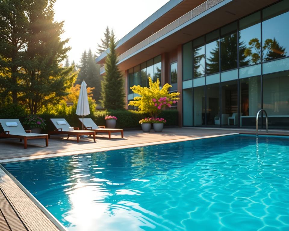 A tranquil scene of Taunus Therme in Bad Homburg, capturing its serene outdoor spa area. In the foreground, a clear blue swimming pool invites relaxation, surrounded by lush greenery and comfortable lounge chairs. The middle ground features elegant wooden decks and colorful, blooming flowers adding vibrancy. In the background, showcase the modern architecture of the wellness center, with large glass windows reflecting the sunlight. Soft, warm lighting creates a peaceful ambiance, and a gentle breeze ripples the surface of the water. The atmosphere is calm and inviting, ideal for a wellness retreat in the Rhein-Main area. Focus on a slightly elevated angle to capture the entire setting, ensuring the mood conveys ultimate relaxation and comfort.