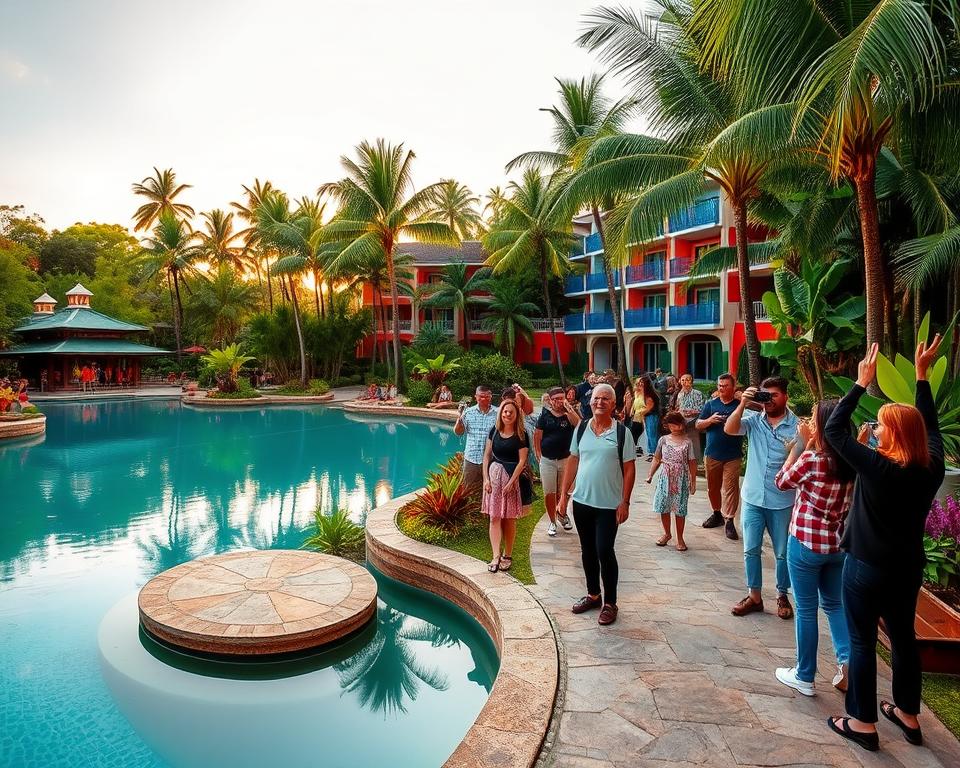 A vibrant and lush tropical oasis at the Brandenburg Tropical Island Resort, featuring a variety of stunning photo spots. In the foreground, a serene lagoon with crystal-clear water, surrounded by artistic stone pathways and exotic tropical plants. In the middle ground, cheerful families and friends in modest casual clothing enjoy the scenery and capture memories with cameras, depicting joy and excitement. Towering palm trees sway gently in a soft, golden sunset light, creating a warm glow. In the background, impressive colorful tropical architecture blends naturally with the greenery, emphasizing the uniqueness of the resort. The atmosphere is lively and inviting, perfect for capturing unforgettable moments. The image is taken from a slightly elevated angle, showcasing the expanse of the resort while still focusing on the delightful details. A vibrant and lush tropical oasis at the Brandenburg Tropical Island Resort, featuring a variety of stunning photo spots. In the foreground, a serene lagoon with crystal-clear water, surrounded by artistic stone pathways and exotic tropical plants. In the middle ground, cheerful families and friends in modest casual clothing enjoy the scenery and capture memories with cameras, depicting joy and excitement. Towering palm trees sway gently in a soft, golden sunset light, creating a warm glow. In the background, impressive colorful tropical architecture blends naturally with the greenery, emphasizing the uniqueness of the resort. The atmosphere is lively and inviting, perfect for capturing unforgettable moments. The image is taken from a slightly elevated angle, showcasing the expanse of the resort while still focusing on the delightful details.