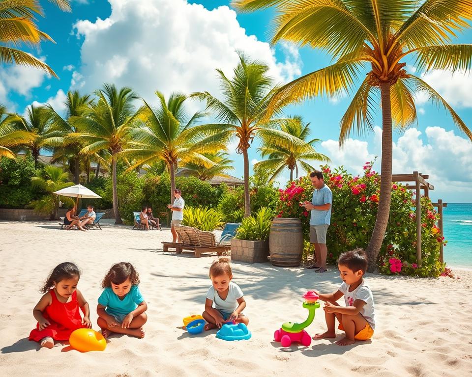A vibrant scene of a tropical island resort featuring families enjoying their time together. In the foreground, a group of children, dressed in colorful, modest casual clothing, play with beach toys on soft, sandy shores. The middle layer showcases families lounging under palm trees, some interacting with friendly staff who offer refreshments. In the background, lush greenery and vibrant flowers frame the scene, while turquoise waters gently lap at the beach. The sky is bright blue with fluffy white clouds, enhancing the cheerful atmosphere. Soft, golden sunlight bathes the entire scene, creating a warm, inviting feel. Capture a playful yet relaxing mood, emphasizing family-friendly fun in a picturesque tropical setting. Use a wide-angle lens to encompass the playful activities and lush environment, ensuring a delightful composition. A vibrant scene of a tropical island resort featuring families enjoying their time together. In the foreground, a group of children, dressed in colorful, modest casual clothing, play with beach toys on soft, sandy shores. The middle layer showcases families lounging under palm trees, some interacting with friendly staff who offer refreshments. In the background, lush greenery and vibrant flowers frame the scene, while turquoise waters gently lap at the beach. The sky is bright blue with fluffy white clouds, enhancing the cheerful atmosphere. Soft, golden sunlight bathes the entire scene, creating a warm, inviting feel. Capture a playful yet relaxing mood, emphasizing family-friendly fun in a picturesque tropical setting. Use a wide-angle lens to encompass the playful activities and lush environment, ensuring a delightful composition.