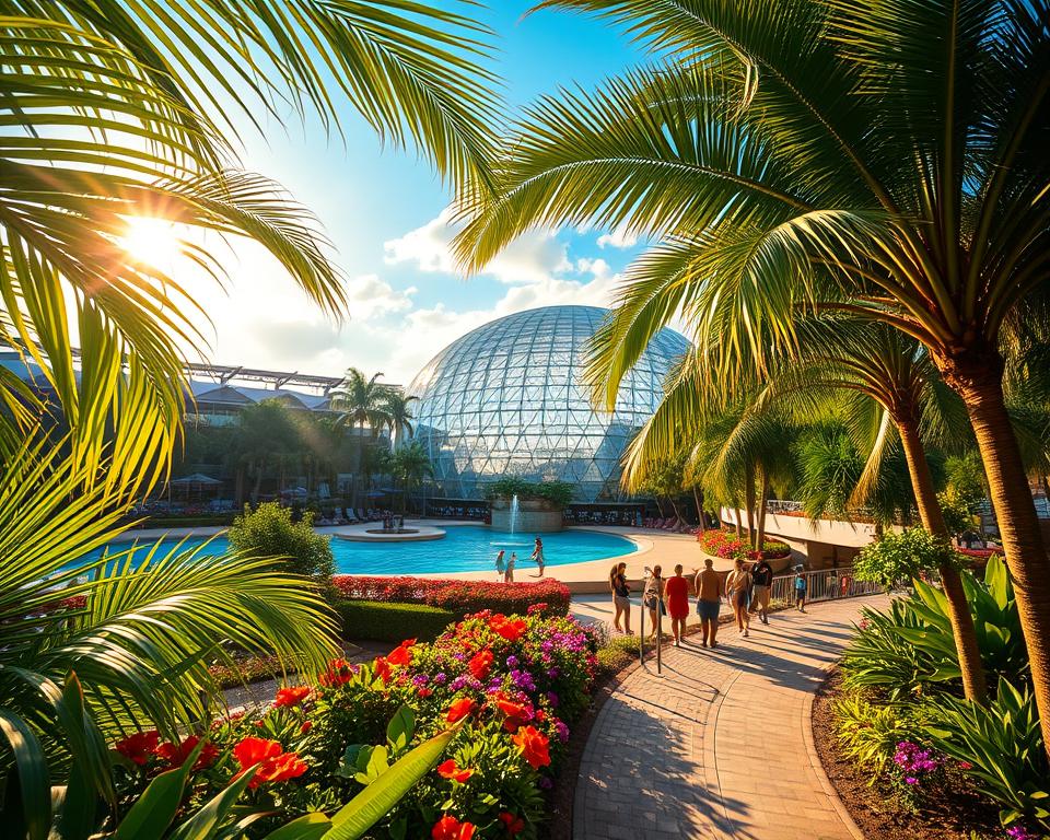 A vibrant scene of the Tropical Islands Resort in Brandenburg, capturing the essence of a tropical paradise. In the foreground, lush green palms sway gently, and vibrant flowers bloom, cascading over a scenic pathway. In the middle ground, a grand, semi-transparent dome housing the resort is visible, featuring a beautiful blend of tropical architecture and glass. Sunlight filters through, casting warm, inviting rays onto the indoor lagoon and sandy beach area. In the background, a bright blue sky with gentle clouds complements the picturesque scene. The atmosphere evokes relaxation and adventure, with guests enjoying the serene environment, dressed in colorful, casual attire. The scene is lit with golden hour sunlight, enhancing the tropical feel with gentle shadows and warm tones, taken with a wide-angle lens to capture the expansive beauty of the resort. A vibrant scene of the Tropical Islands Resort in Brandenburg, capturing the essence of a tropical paradise. In the foreground, lush green palms sway gently, and vibrant flowers bloom, cascading over a scenic pathway. In the middle ground, a grand, semi-transparent dome housing the resort is visible, featuring a beautiful blend of tropical architecture and glass. Sunlight filters through, casting warm, inviting rays onto the indoor lagoon and sandy beach area. In the background, a bright blue sky with gentle clouds complements the picturesque scene. The atmosphere evokes relaxation and adventure, with guests enjoying the serene environment, dressed in colorful, casual attire. The scene is lit with golden hour sunlight, enhancing the tropical feel with gentle shadows and warm tones, taken with a wide-angle lens to capture the expansive beauty of the resort.