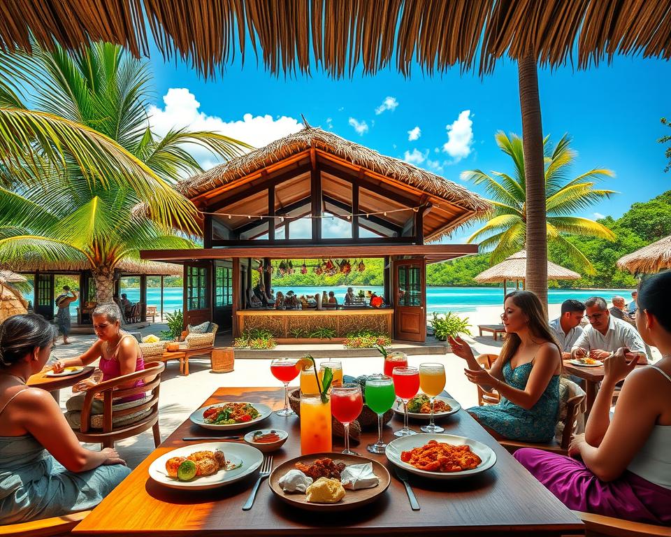 A vibrant tropical island restaurant scene that showcases a variety of dining options in a lush, exotic setting. In the foreground, a beautifully set wooden table with colorful tropical dishes, palm trees swaying gently, and dining guests enjoying their meals in modest, casual attire. In the middle, the restaurant structure has a thatched roof, large open windows, and tropical decorations. Brightly colored cocktails and mocktails are displayed prominently. In the background, a serene beach with crystal-clear water and vibrant green foliage under a bright blue sky, evoking a relaxed, inviting atmosphere. Soft, warm lighting enhances the tropical vibe, capturing the essence of paradise dining experience. A vibrant tropical island restaurant scene that showcases a variety of dining options in a lush, exotic setting. In the foreground, a beautifully set wooden table with colorful tropical dishes, palm trees swaying gently, and dining guests enjoying their meals in modest, casual attire. In the middle, the restaurant structure has a thatched roof, large open windows, and tropical decorations. Brightly colored cocktails and mocktails are displayed prominently. In the background, a serene beach with crystal-clear water and vibrant green foliage under a bright blue sky, evoking a relaxed, inviting atmosphere. Soft, warm lighting enhances the tropical vibe, capturing the essence of paradise dining experience.