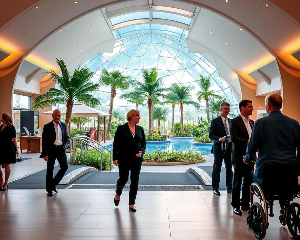 A visually engaging scene inside the Tropical Islands resort in Brandenburg, showcasing accessible features for comfort. In the foreground, a spacious, well-designed walkway is visible, with smooth surfaces and ramps leading towards various amenities. The middle ground includes a tranquil tropical-themed pool area, with lush greenery and palm trees, creating a serene ambiance. In the background, the dome structure of the resort is illuminated by soft natural lighting, emphasizing the tropical atmosphere. The scene captures people wearing professional business attire discussing their experience, demonstrating ease of movement and accessibility. The overall mood is welcoming and relaxed, reflecting a harmonious blend of nature and comfort, inviting all guests to enjoy a seamless experience without any obstacles. A visually engaging scene inside the Tropical Islands resort in Brandenburg, showcasing accessible features for comfort. In the foreground, a spacious, well-designed walkway is visible, with smooth surfaces and ramps leading towards various amenities. The middle ground includes a tranquil tropical-themed pool area, with lush greenery and palm trees, creating a serene ambiance. In the background, the dome structure of the resort is illuminated by soft natural lighting, emphasizing the tropical atmosphere. The scene captures people wearing professional business attire discussing their experience, demonstrating ease of movement and accessibility. The overall mood is welcoming and relaxed, reflecting a harmonious blend of nature and comfort, inviting all guests to enjoy a seamless experience without any obstacles.